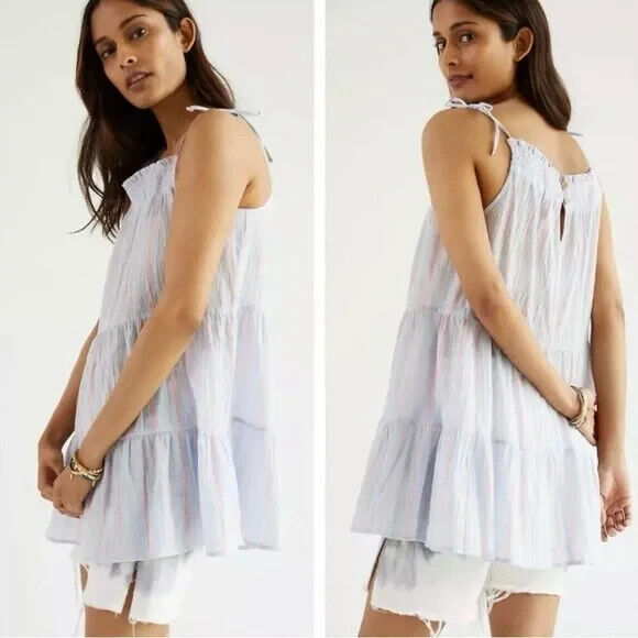 Anthropologie Maeve Blue Pink Gauzy Striped Tunic Tank Top Size Small NEW $128