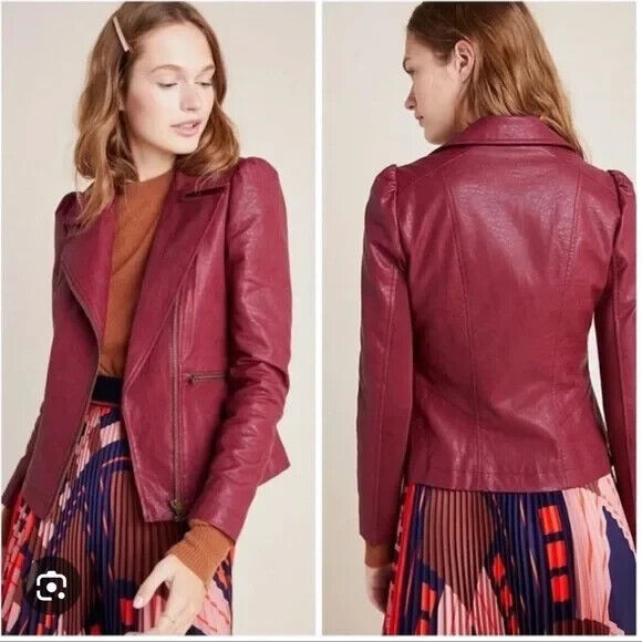 Anthropologie Wine Petula Faux Leather Puff Sleeve Moto Jacket Size Small Petite