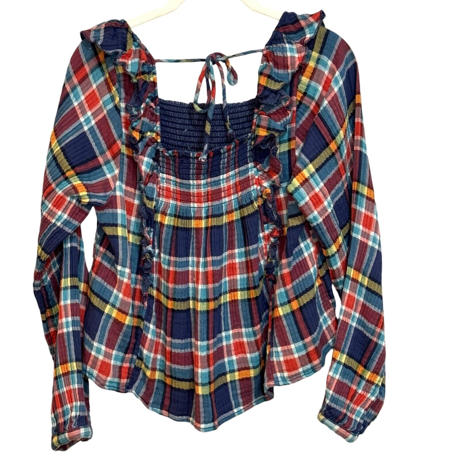 Free People We The Free Sienna Madras Plaid Ruffle Tie Back Pullover Top Size XS