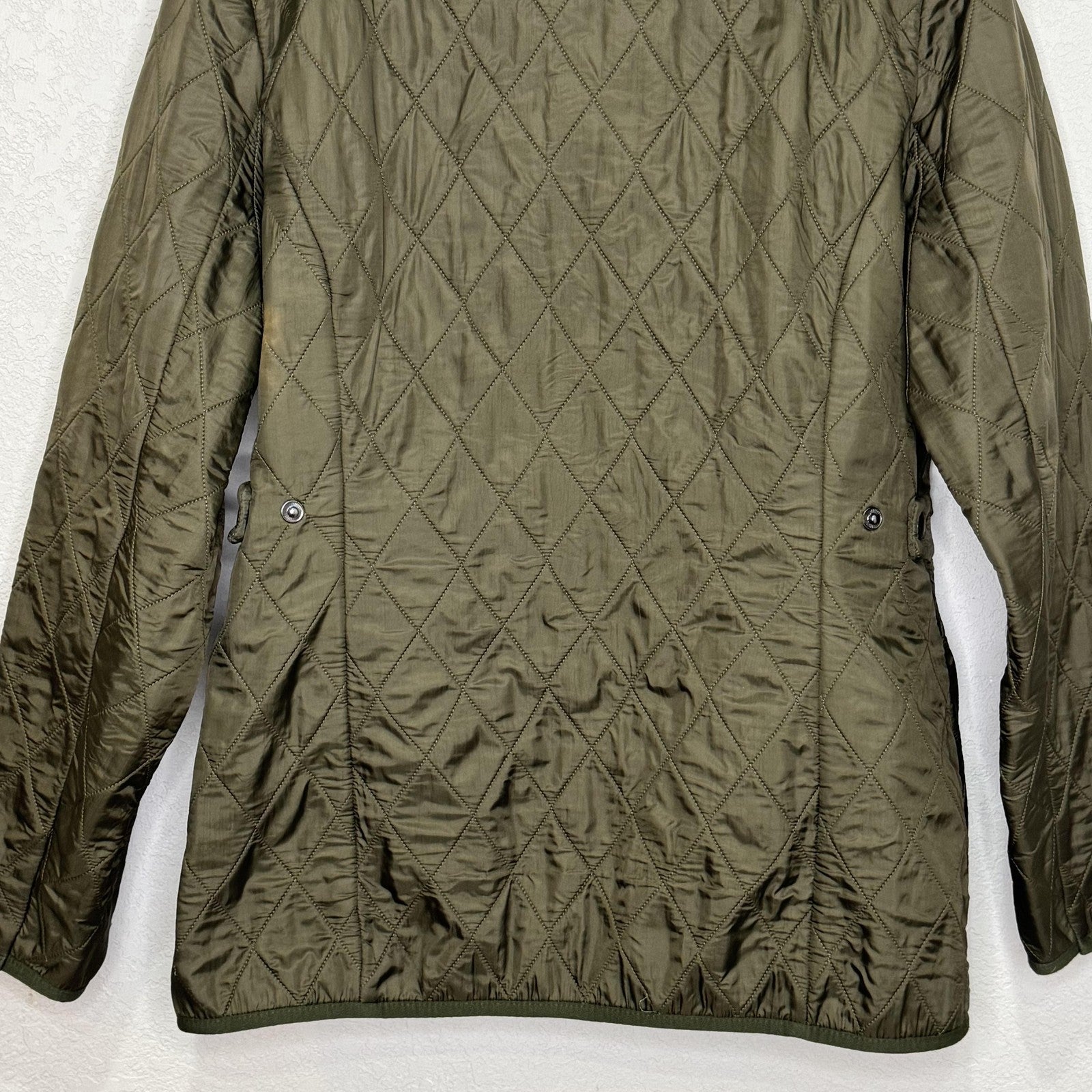 Barbour Quilted Jacket Womens 8 Olive Green Polarquilt Utility 4 Pocket Zip Snap