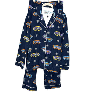 PJ Salvage Pajama Set Womens Small Blue Ski Goggle Print Flannel Top Pants Cozy