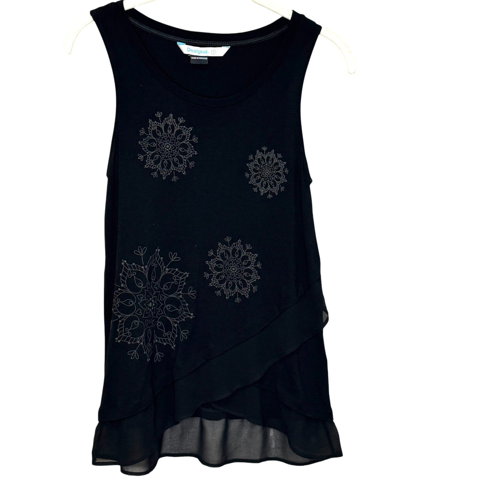 Desigual Black Tank Top Size Small Asymmetric Ruffle Hem Floral Pattern