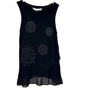 Desigual Black Tank Top Size Small Asymmetric Ruffle Hem Floral Pattern