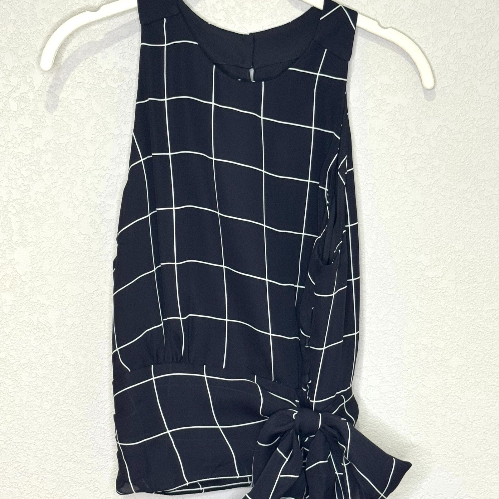 MILLY Top Size 4 Lauren Black White Check Print Silk Sleeveless Lined Tie Waist