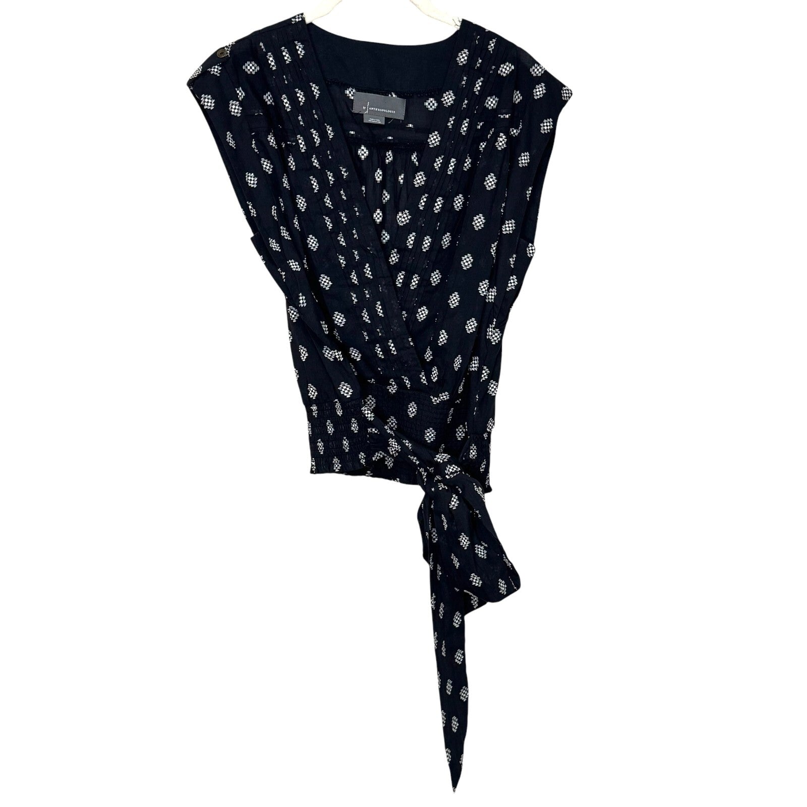 Anthropologie Top Size Small Black White Motif V Neck Tie Waist Surplice Blouse