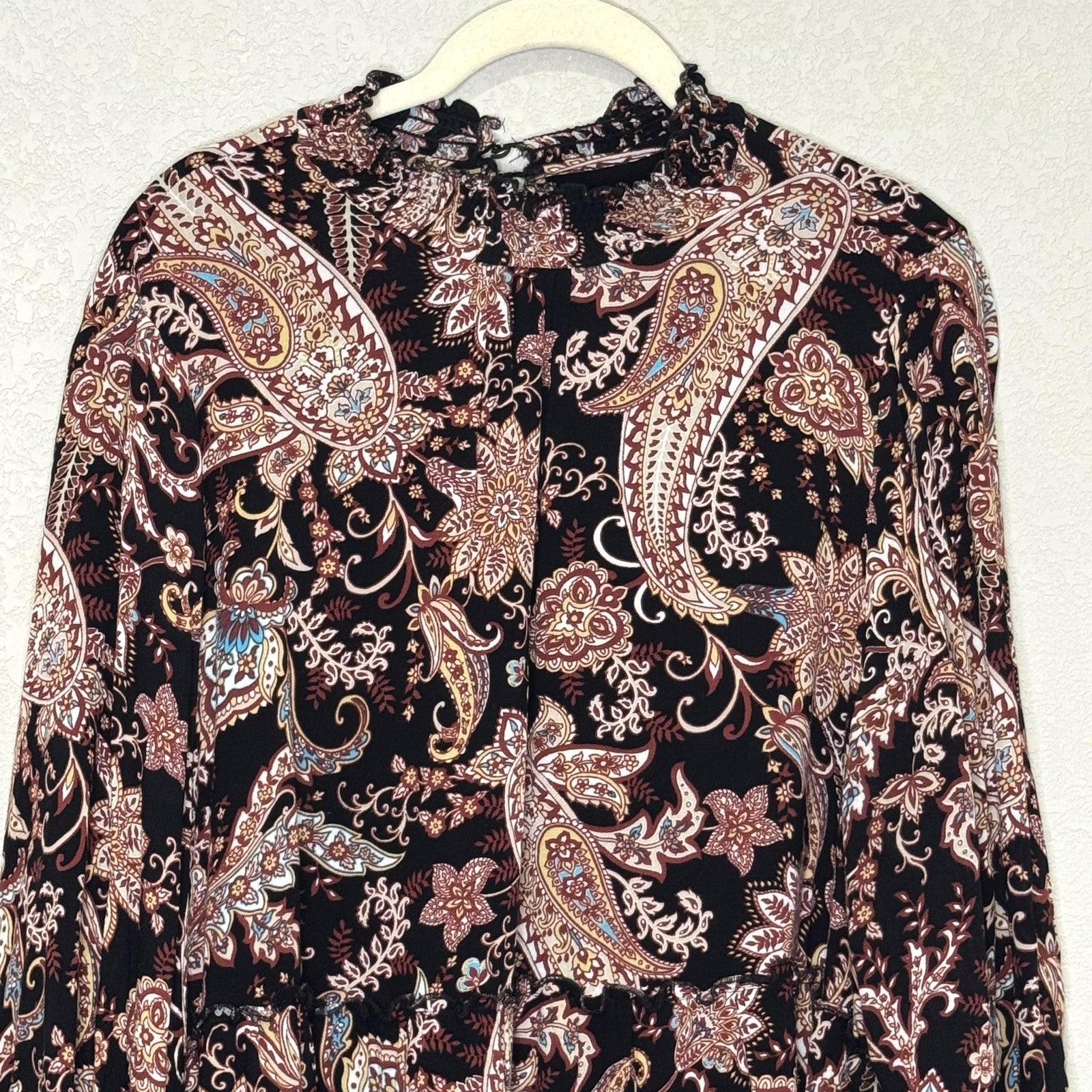Anthropologie Dress Womens 1X Paisley Floral Long Sleeve Boho Tiered Viscose