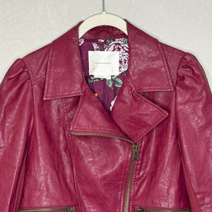 Anthropologie Wine Petula Faux Leather Puff Sleeve Moto Jacket Size Small Petite