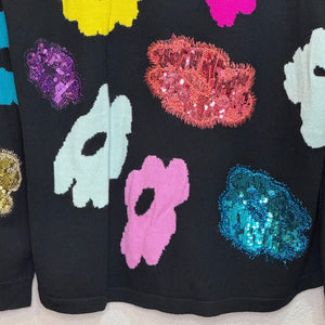 Escada Black V Neck Sweater Bright Sequin Flowers Size Large