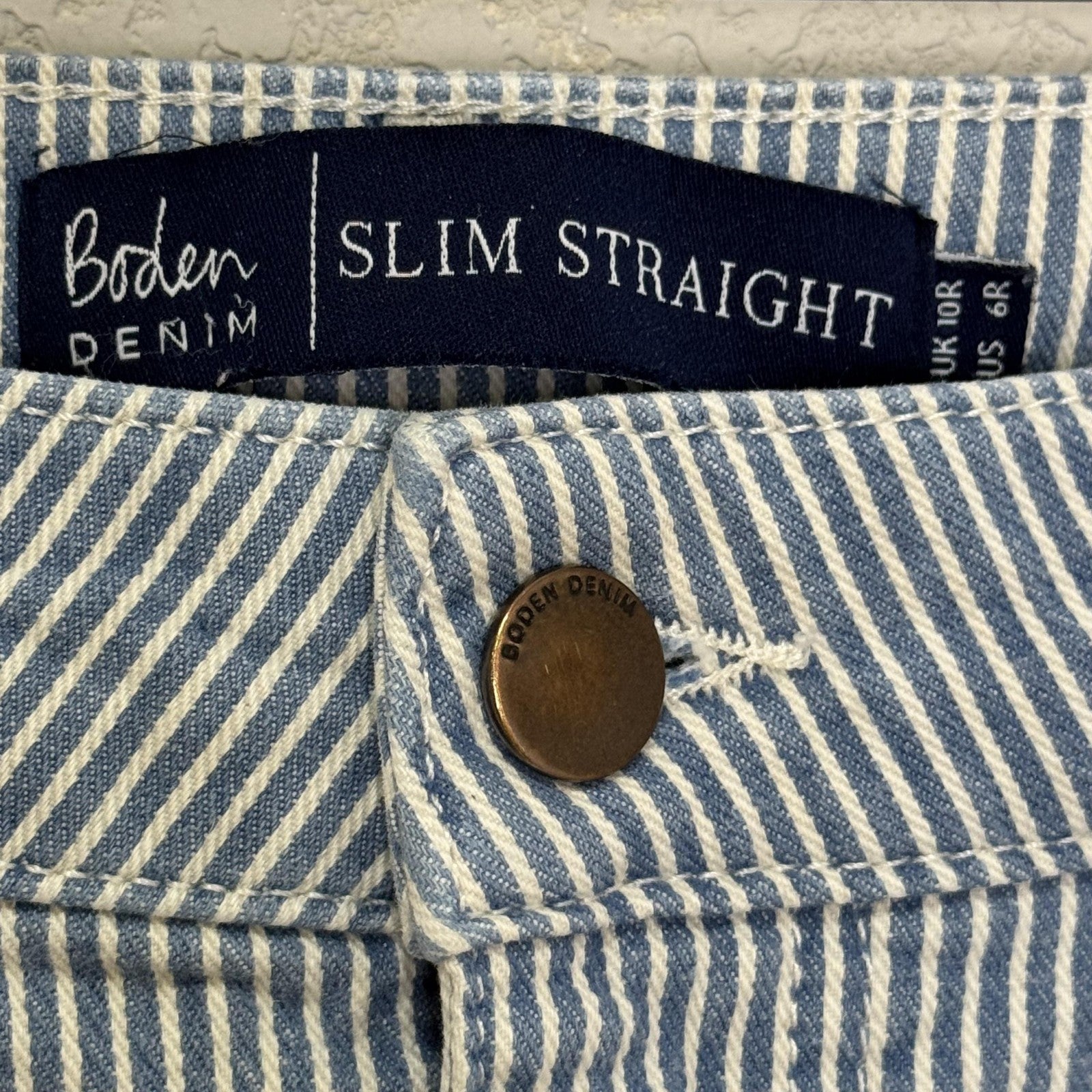 Boden Jeans Womens 6R Blue White Railroad Stripe Slim Straight Cropped Stretch