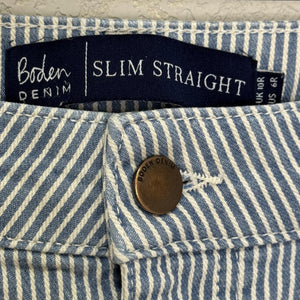 Boden Jeans Womens 6R Blue White Railroad Stripe Slim Straight Cropped Stretch