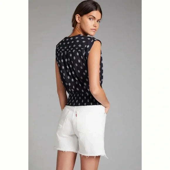 Anthropologie Top Size Small Black White Motif V Neck Tie Waist Surplice Blouse