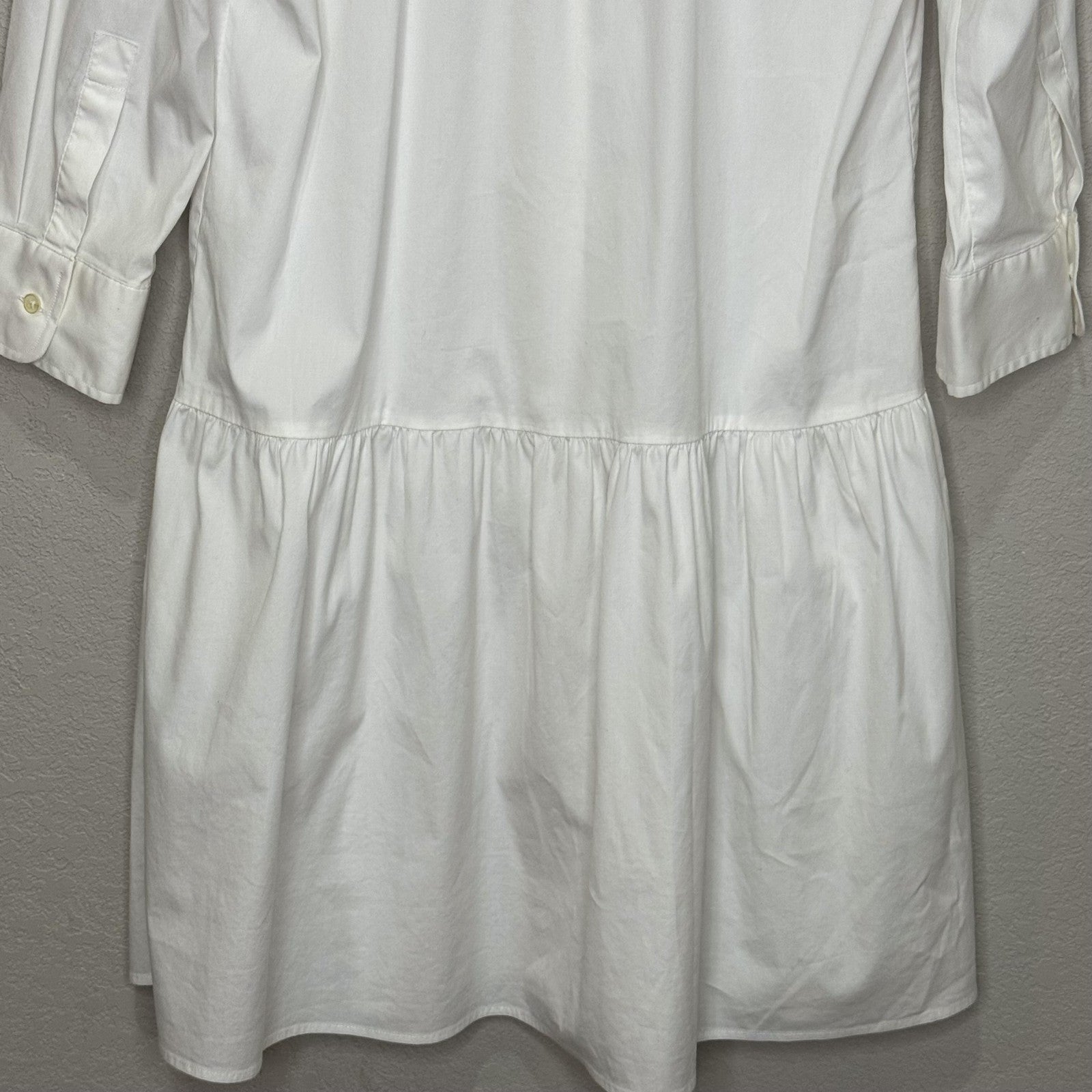 THESHIRT Rochelle Behrens Shirt Dress Womens Medium White Drop Waist Ruffle Hem