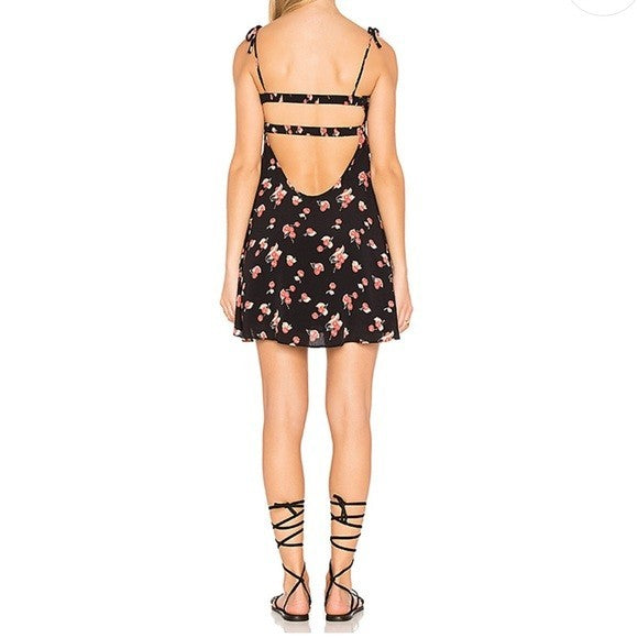 For Love & Lemons Dress Womens Small Black Cherry Print Tie Front Backless Rayon