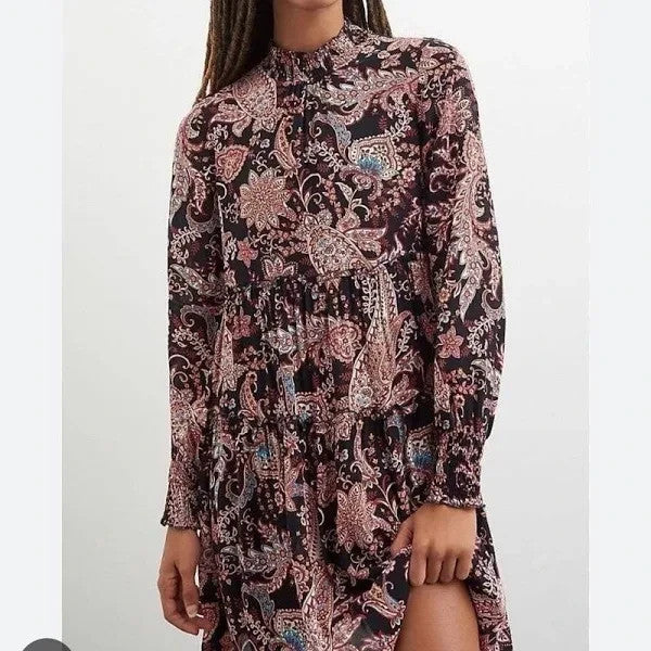 Anthropologie Dress Womens 1X Paisley Floral Long Sleeve Boho Tiered Viscose