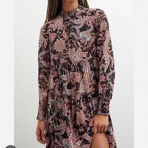 Anthropologie Dress Womens 1X Paisley Floral Long Sleeve Boho Tiered Viscose
