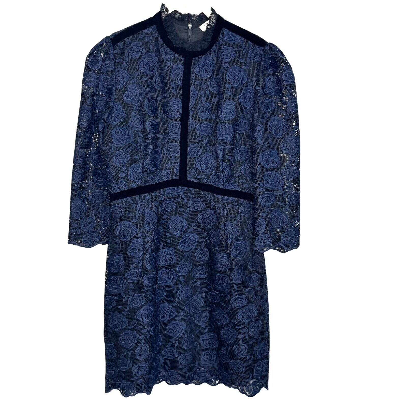 SANDRO Paris Dress Size 6 (2) Navy Blue Floral Lace Embroidered Puff Sleeve Mini