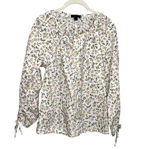 J Crew Shirt Womens Small White Pink Floral Button Front Tie Neck Long Sleeve