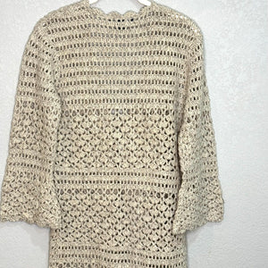 Boston Proper Ivory Lambswool Open Knit Crochet Long Cardigan Sweater Size Small