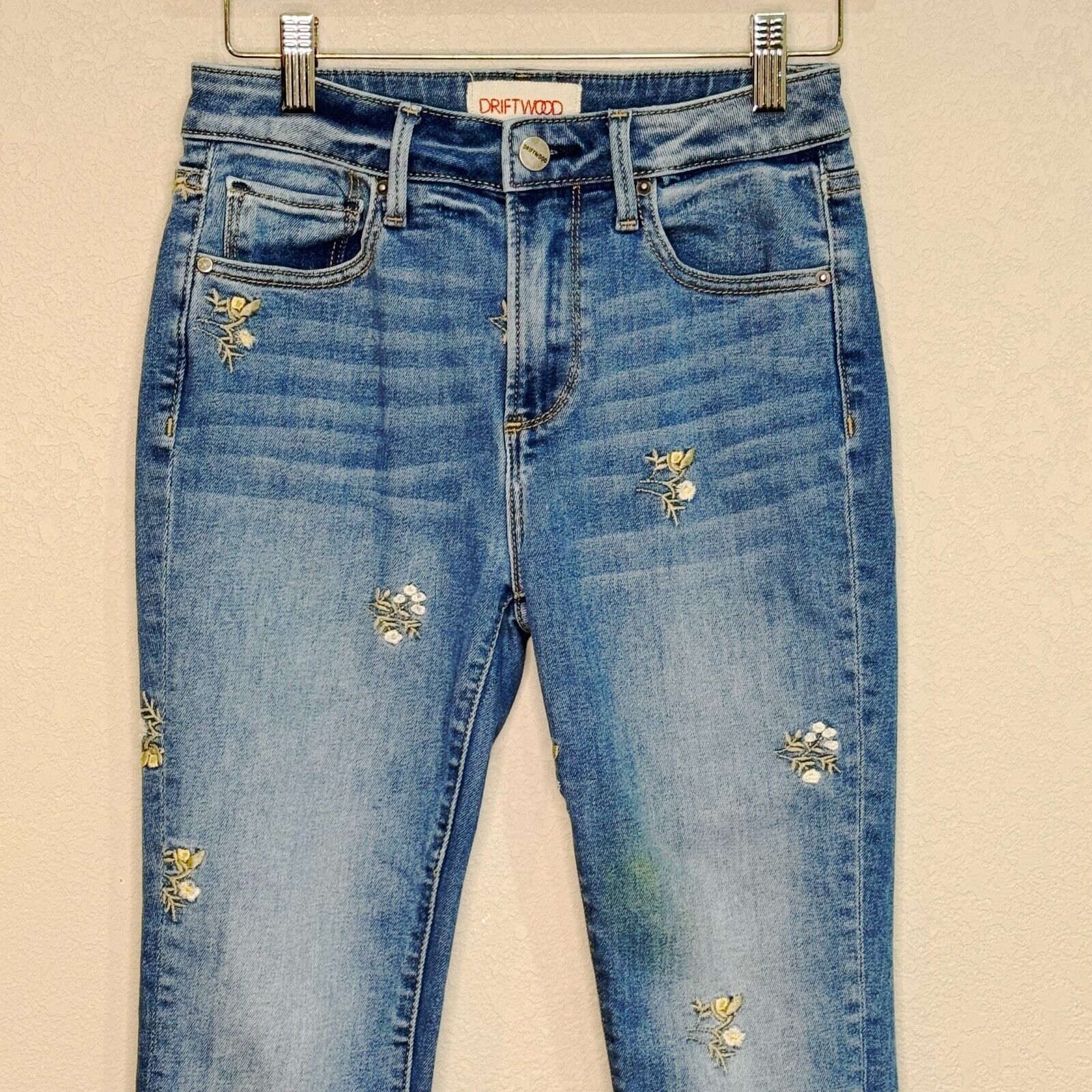 Driftwood Roxy Blue Embroidered Kick Flare Crop Jeans Size 25