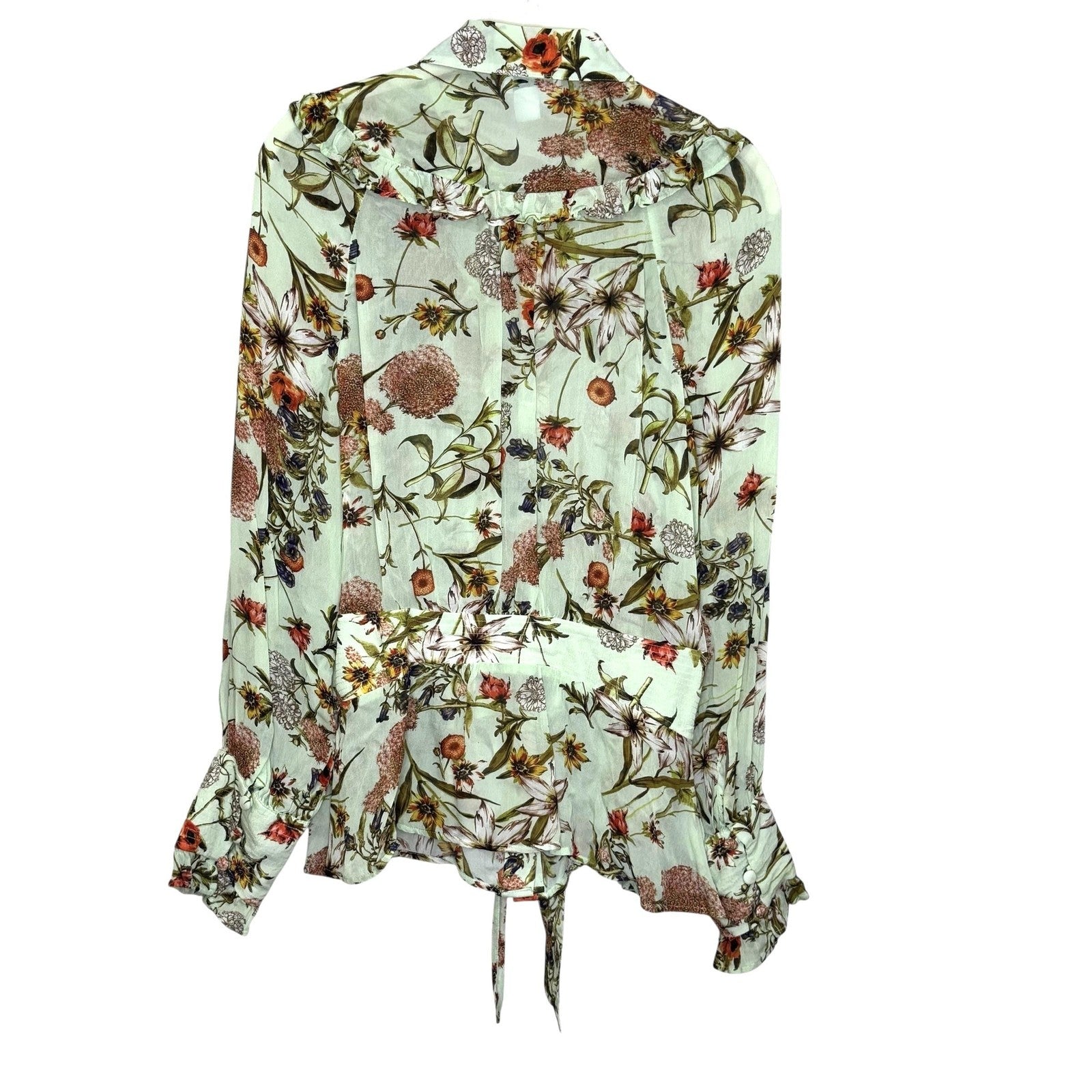 Ghost London Shirt Womens Small Green Floral Tie Waist Ruffle Sheer Blouse Top