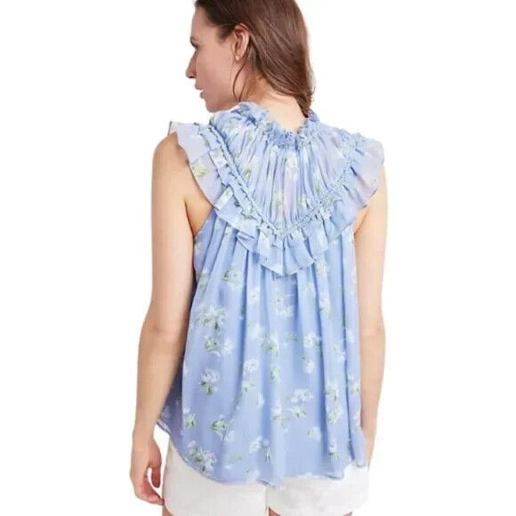 Ranna Gill Blue Floral Ruffle Neck Lavender Fields Blouse Size Large NEW $120