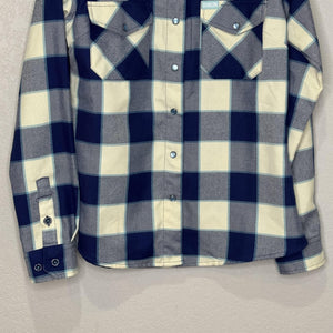 Dixxon Flannel Co Shirt Womens Medium Blue Gray Cream Plaid Bar Harbor Workwear