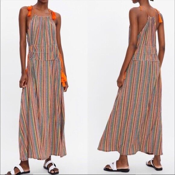 Zara NEW Multicolor Maxi Dress With Tassel Straps Blogger Favorite Size Small