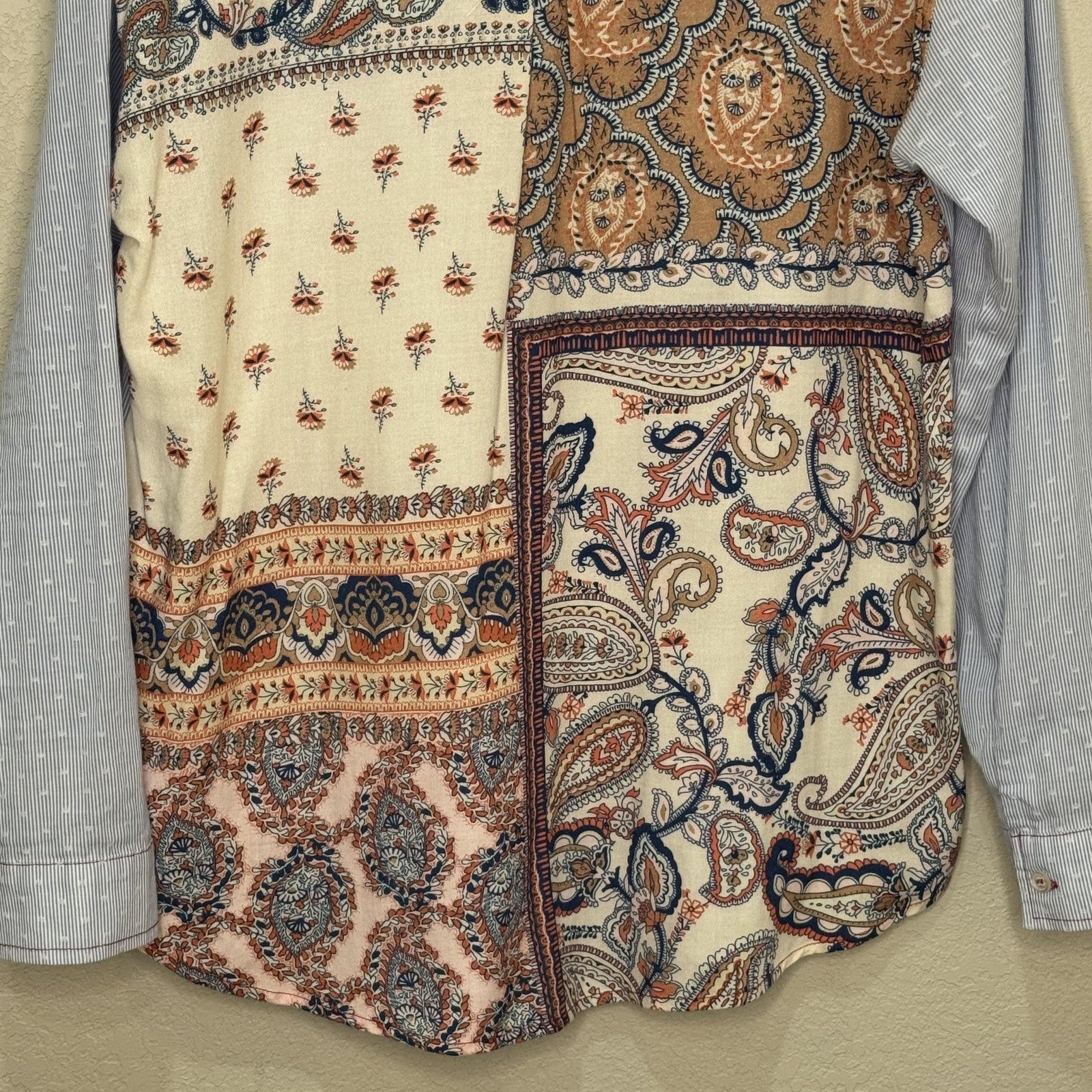 Allison Joy Shirt Womens Small Stripe Paisley Boho Button Up Patchwork Top Blous
