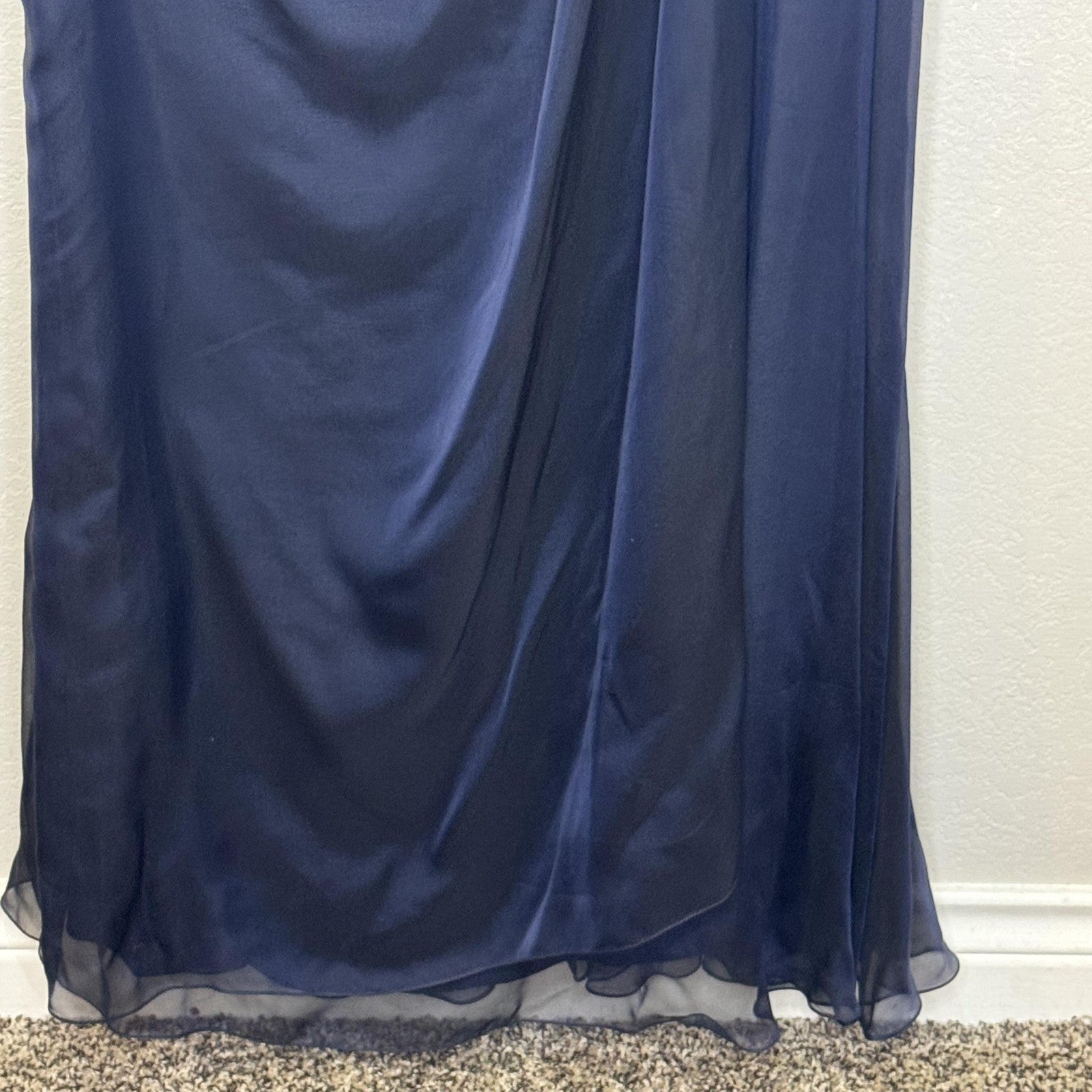 Teri Jon Evening Gown Womens 8 Navy Blue Silk One Shoulder Ruffle Formal Dress