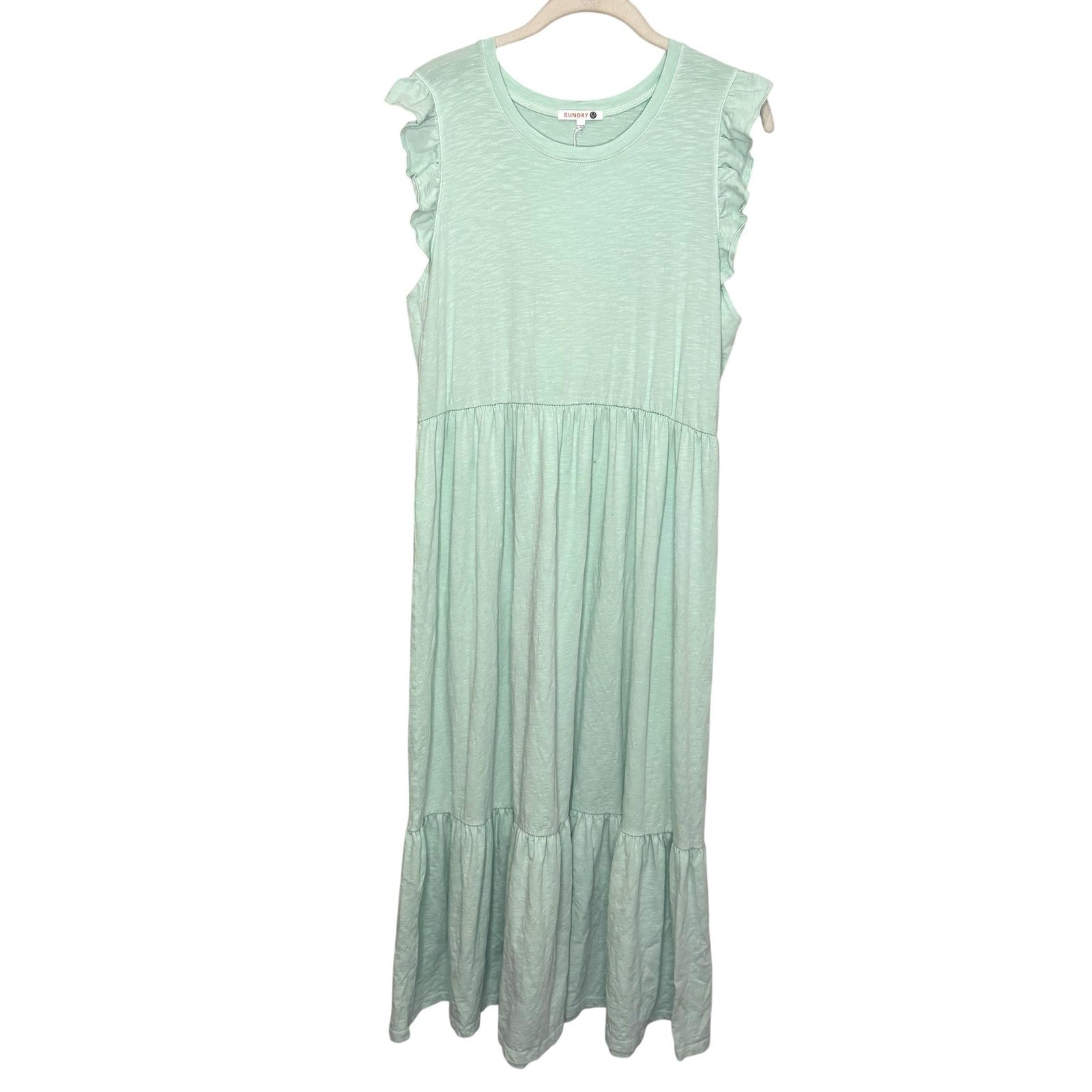 Sundry Dress Womens Size 3 Large Mint Green Ruffle Maxi Sleeveless Made USA