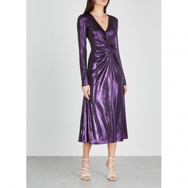 ROTATE Birger Christensen Midi Dress Size Small Number 7 Metallic Purple Ruched