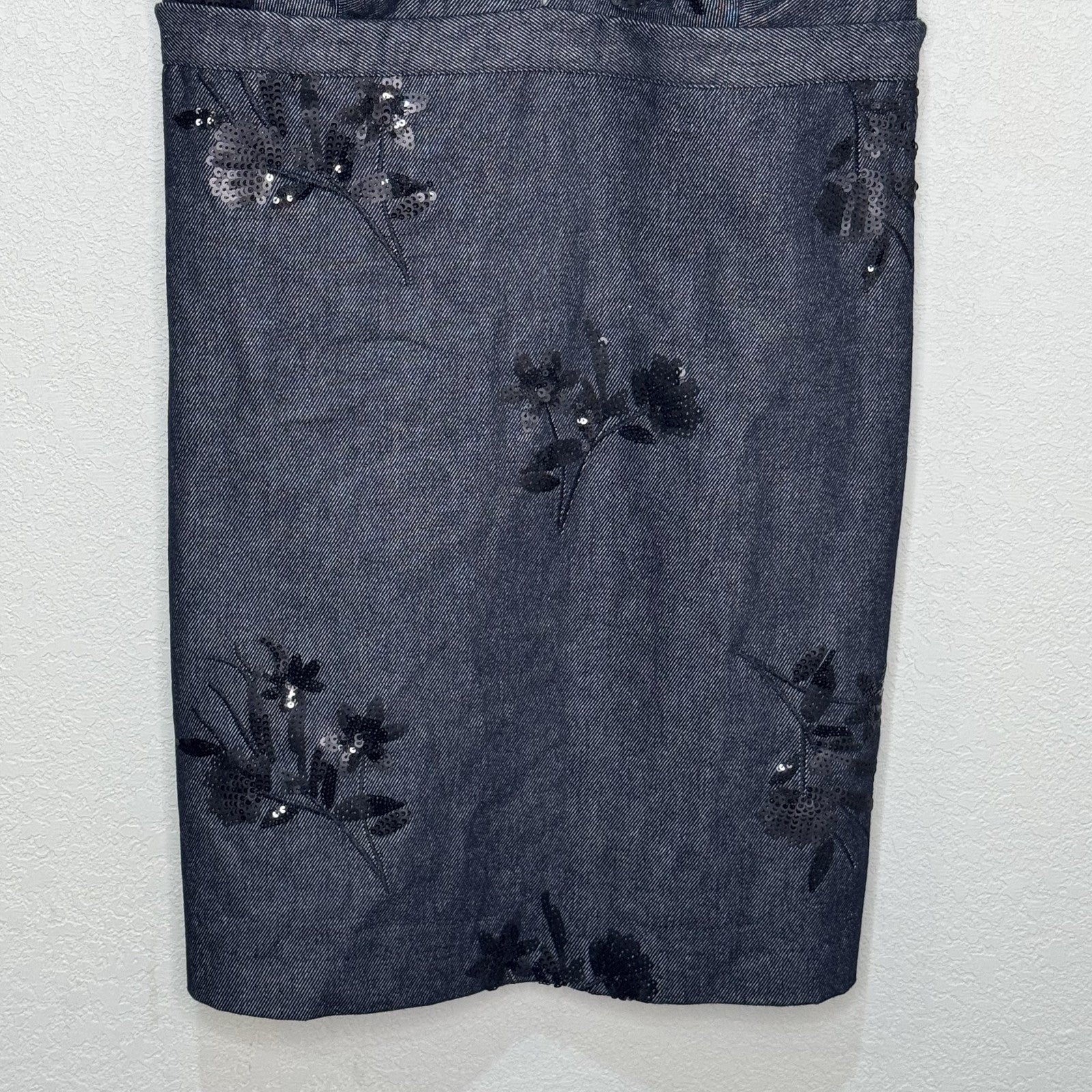 Zara Dress Womens Large Denim Sleeveless Deep V Neck Sequin Floral Mini Party