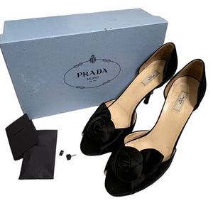 PRADA Womens Heels US Size US 10.5 ( 40.5 ) Black Satin Rose Pumps