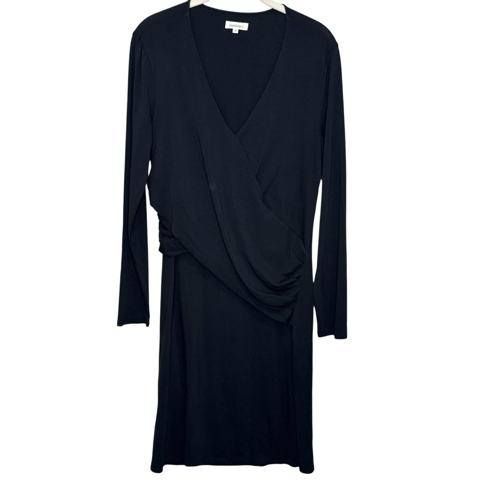 Sundance Dress Medium Charcoal Black Long Sleeve Draped Waist Midi Modal Cotton