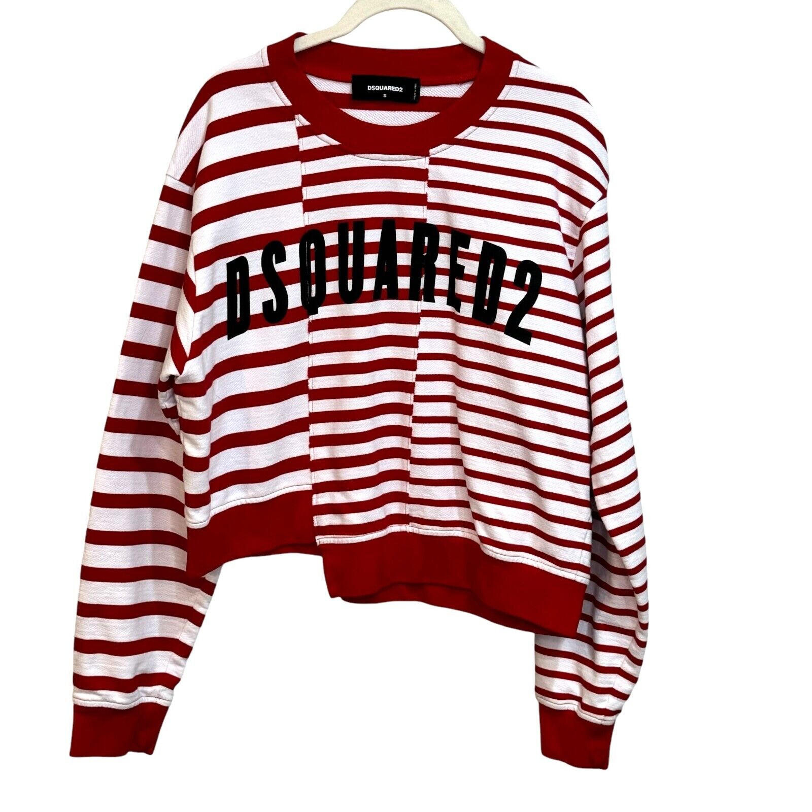 Dsquared2 Red White Striped Crew Neck Asymmetric Awning Sweatshirt Size Small