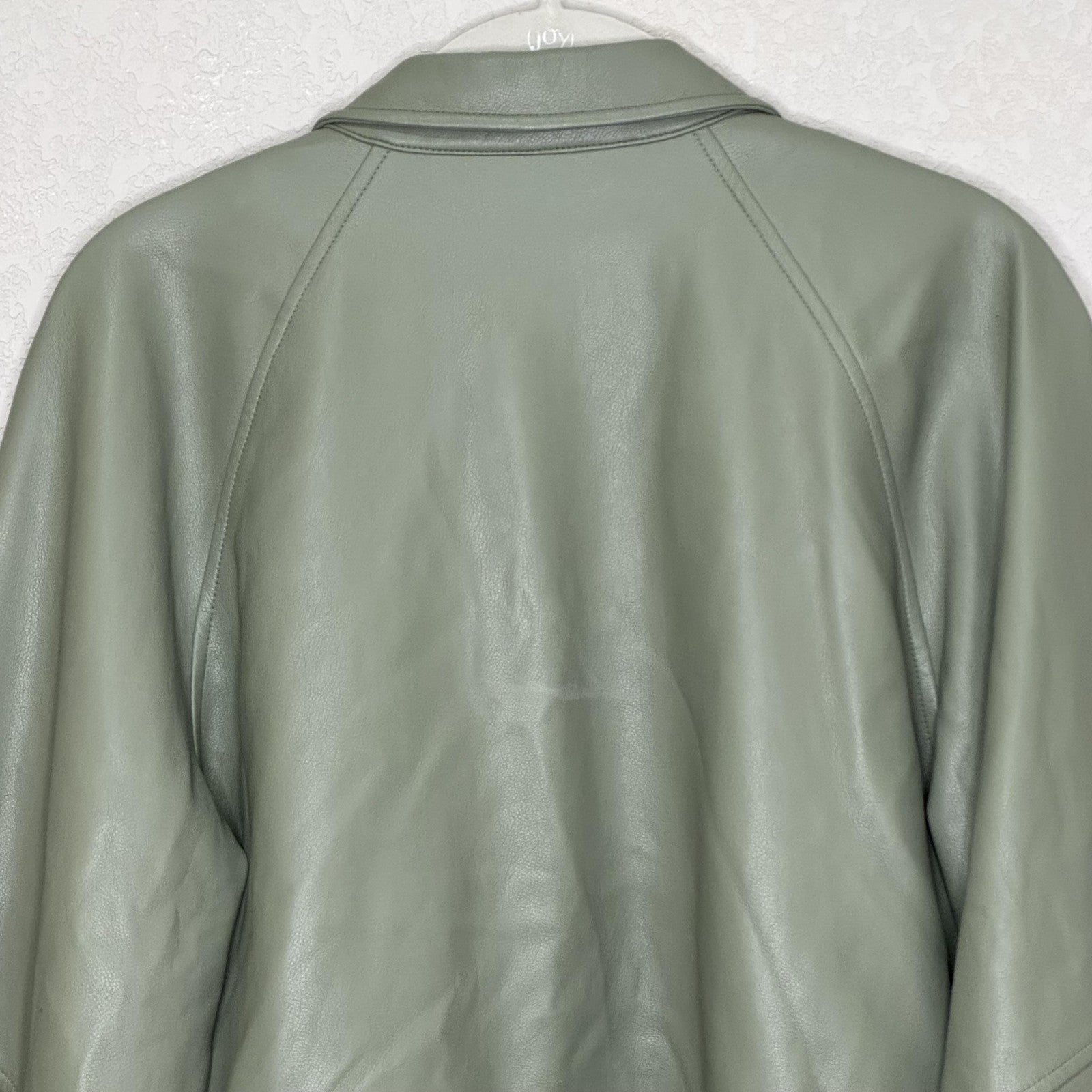 Alexis Jacket Womens Medium Sage Faux Leather Cropped Snap Front Puff Sleeves