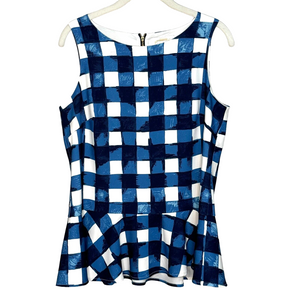 Sail To Sable Blue White Check Peplum Sleeveless Tank Top Size Small