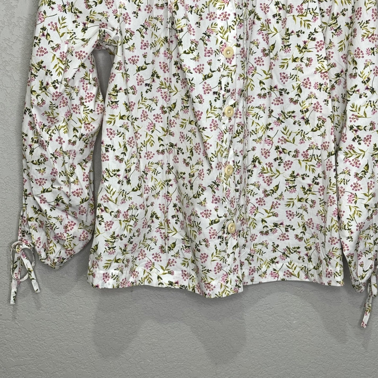 J Crew Shirt Womens Small White Pink Floral Button Front Tie Neck Long Sleeve