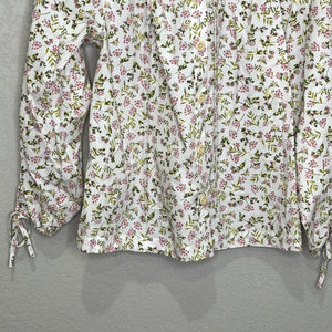 J Crew Shirt Womens Small White Pink Floral Button Front Tie Neck Long Sleeve