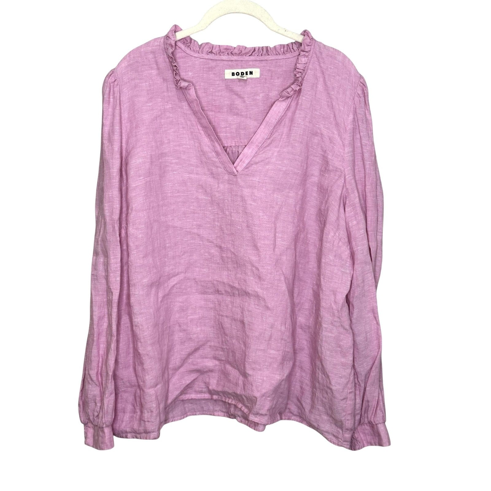 Boden Grace Linen Top Womens XL 16-18 Long Sleeve Ruffle Neck Lightweight Blouse