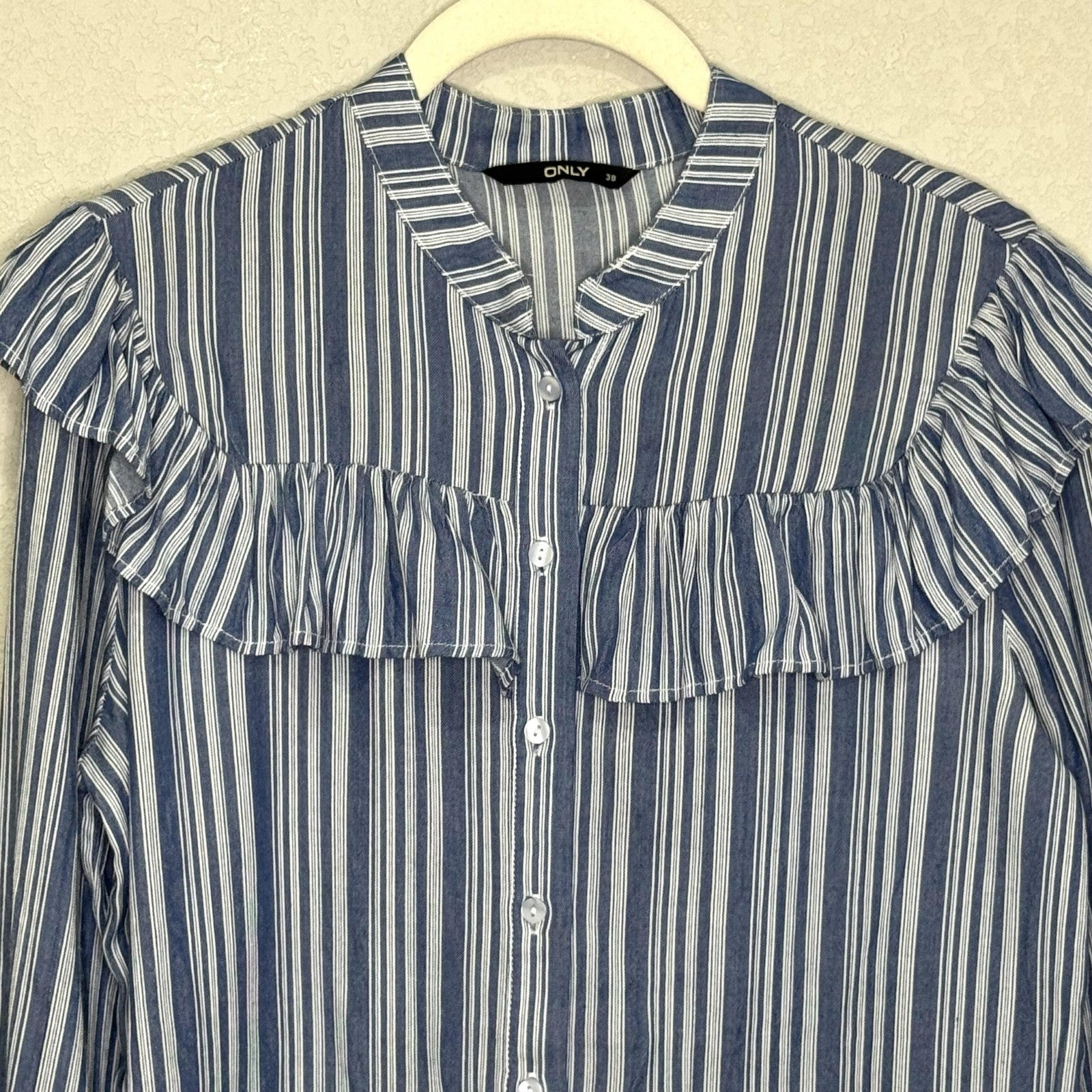 ONLY Shirt Womens Medium EU 38 Blue White Stripe Ally Frill Long Sleeve Ruffle