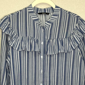 ONLY Shirt Womens Medium EU 38 Blue White Stripe Ally Frill Long Sleeve Ruffle