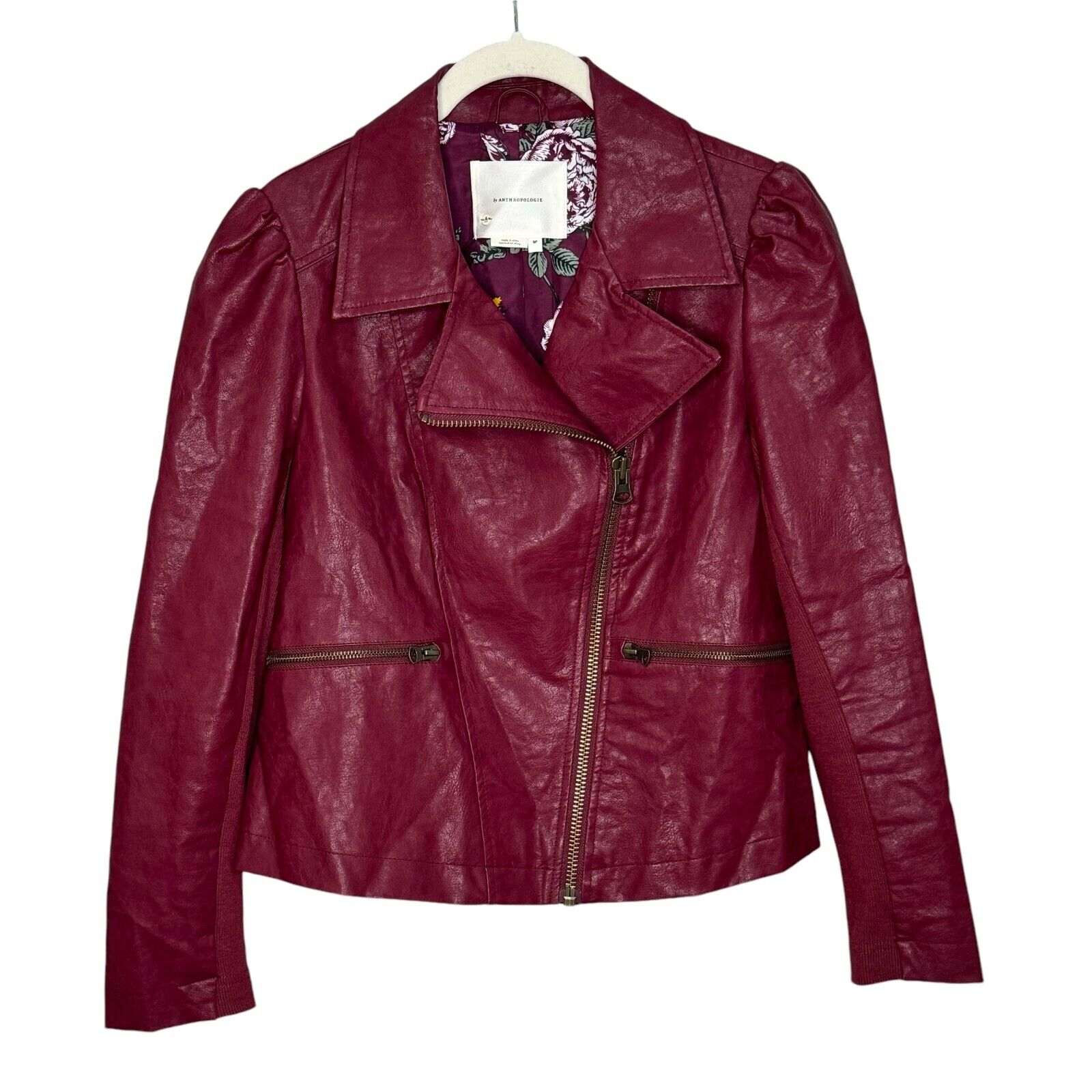 Anthropologie Wine Petula Faux Leather Puff Sleeve Moto Jacket Size Small Petite