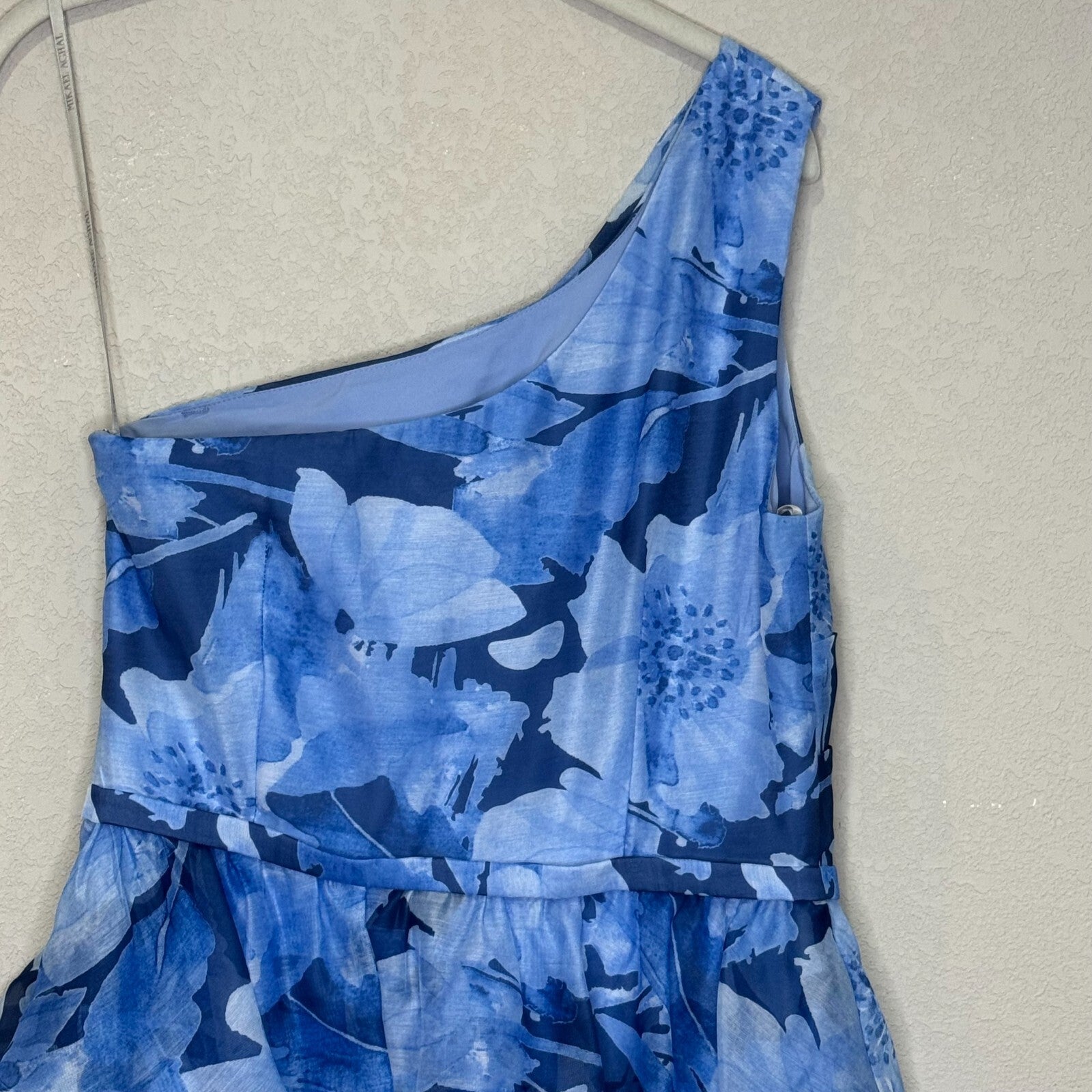 Mikael Aghal One Shoulder Gown Dress Blue Chiffon Coastal Black Tie Alt. Size 6
