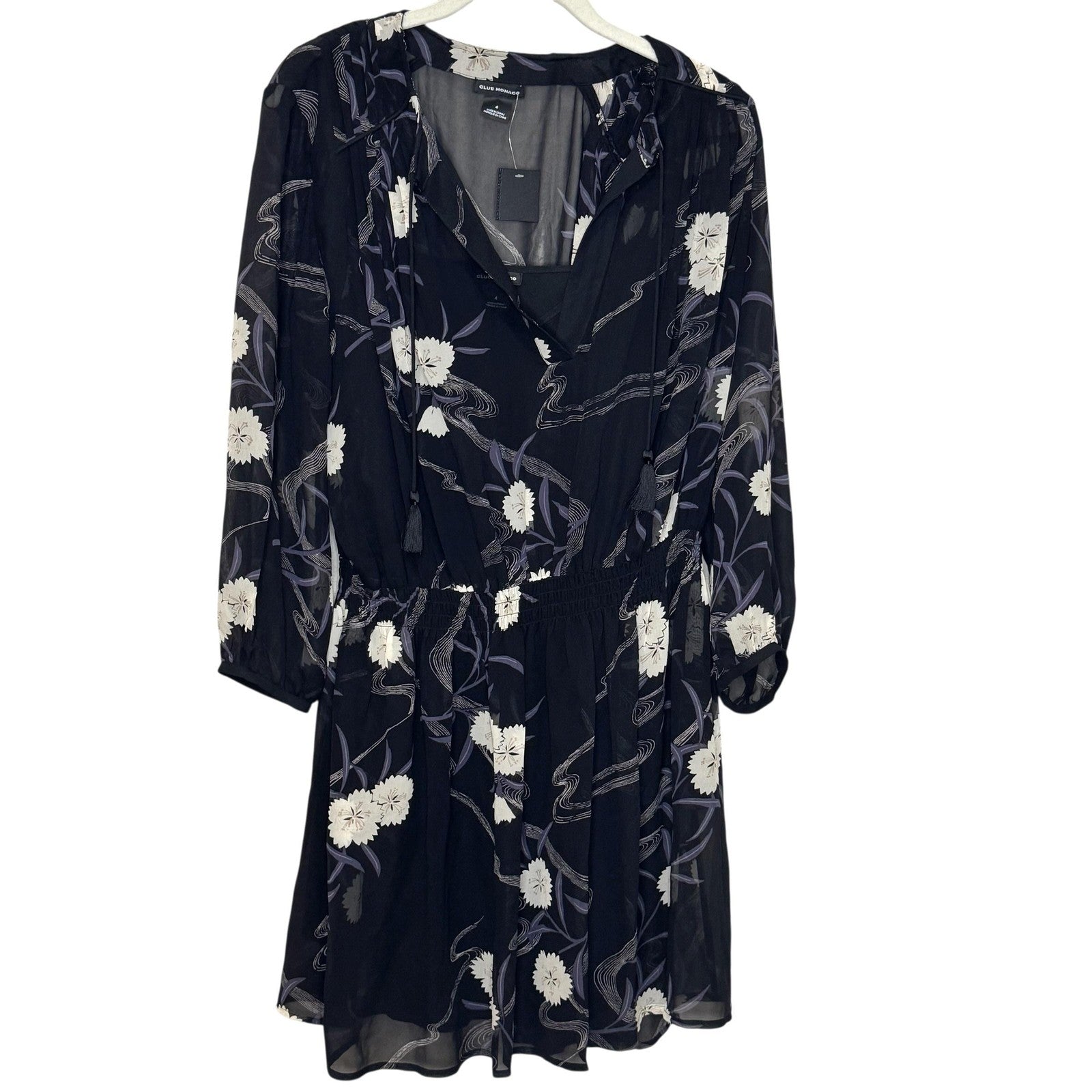 Club Monaco Roanna Dress Womens 4 Black Floral Silk Long Sleeve Mini Boho Chic