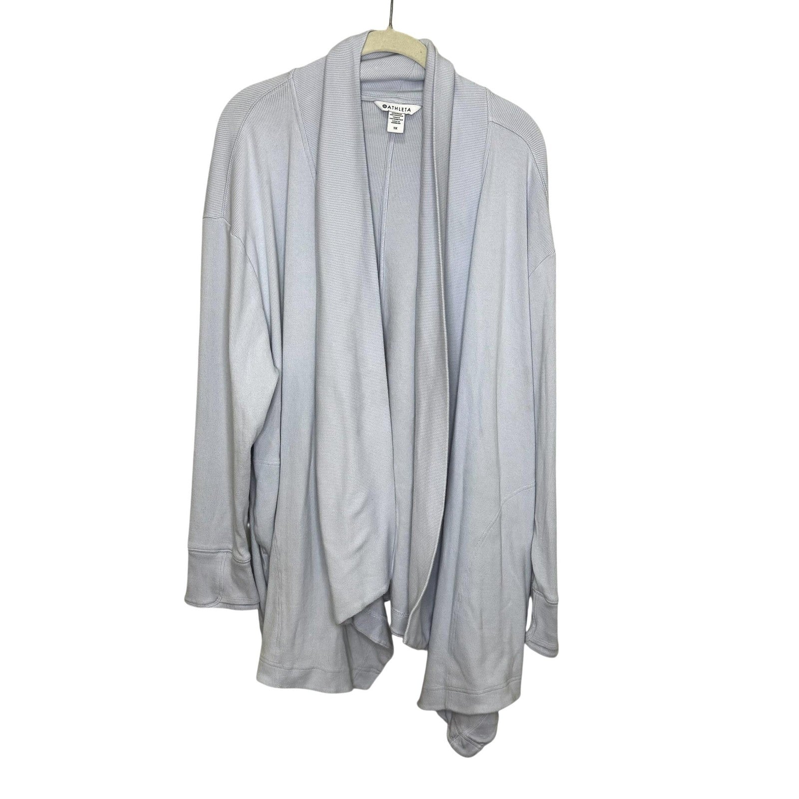 Athleta Cardigan Sweater Womens 1X Light Blue Open Front Draped Rib Knit Tencel