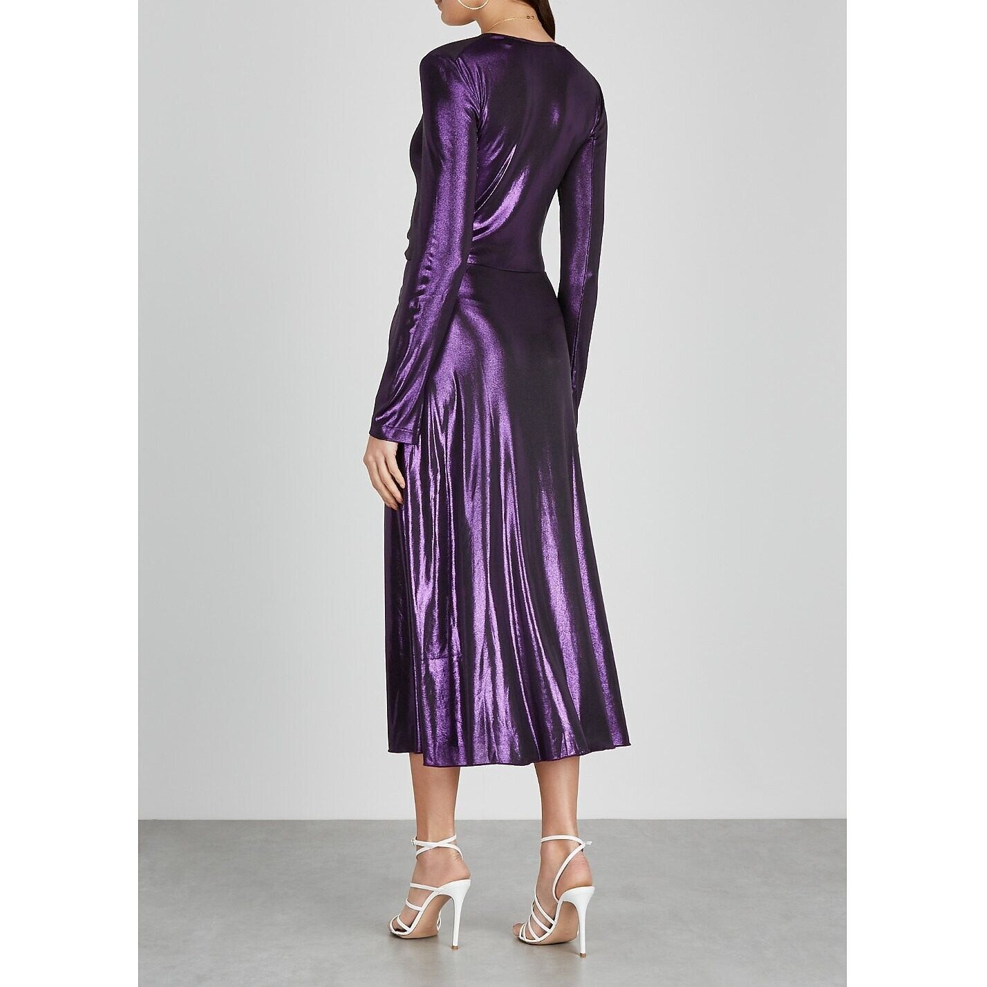 ROTATE Birger Christensen Midi Dress Size Small Number 7 Metallic Purple Ruched