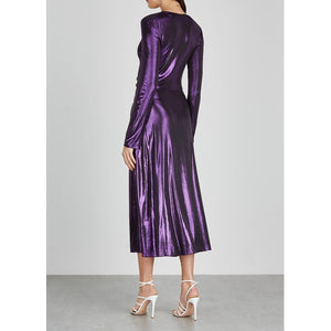 ROTATE Birger Christensen Midi Dress Size Small Number 7 Metallic Purple Ruched