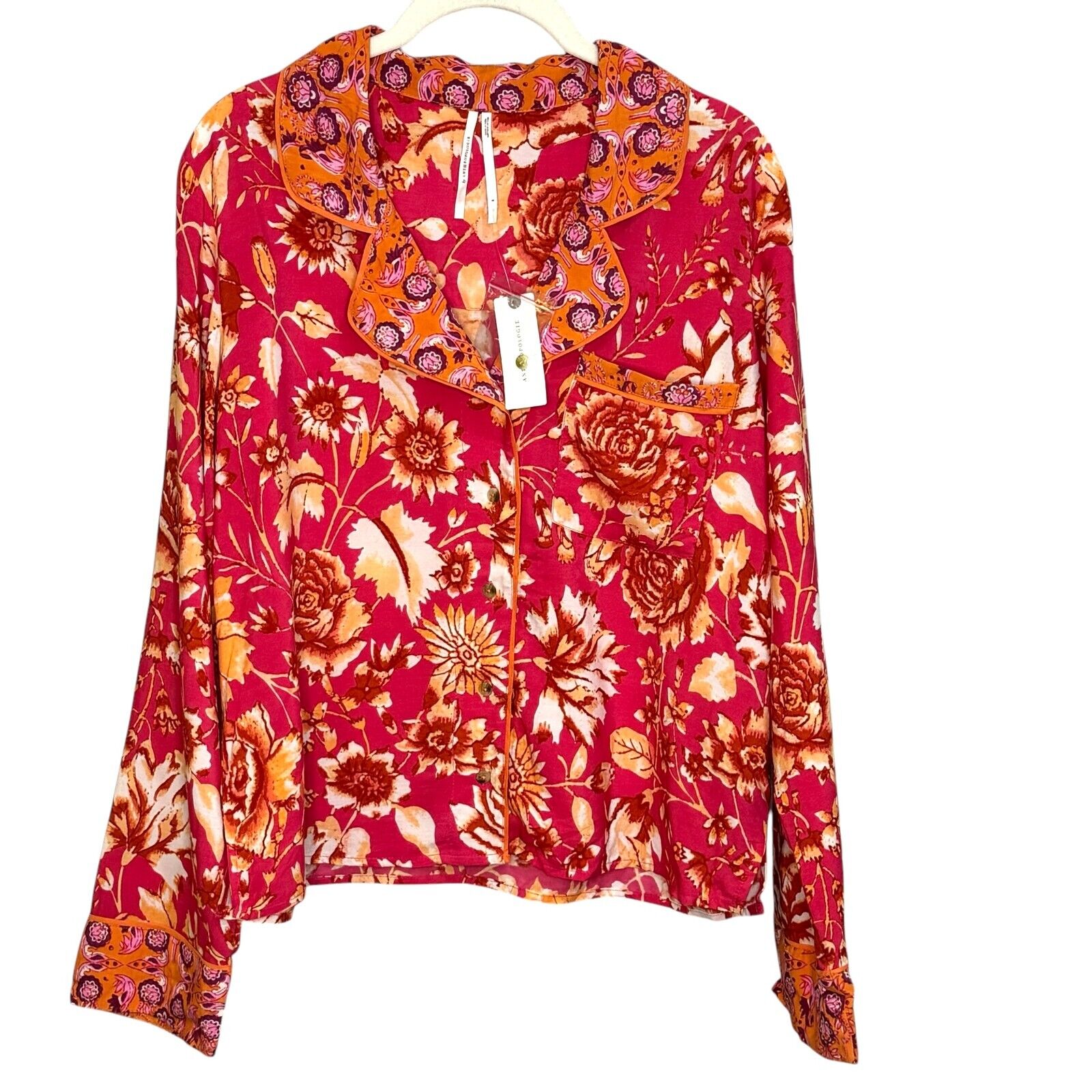 Anthropologie NEW Kari Pink Orange Floral Pajama Top Size Small $69