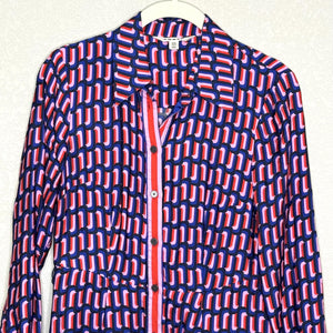 Boden Dress Womens 8 Petite Geometric Print Shirt Midi Belted Viscose